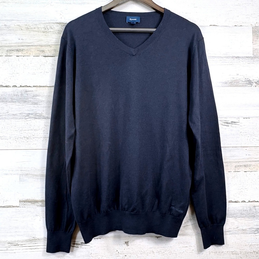 Faconnable V-Neck Sweater Mens XL Navy Blue Silk Cotton Cashmere Blend Old Money